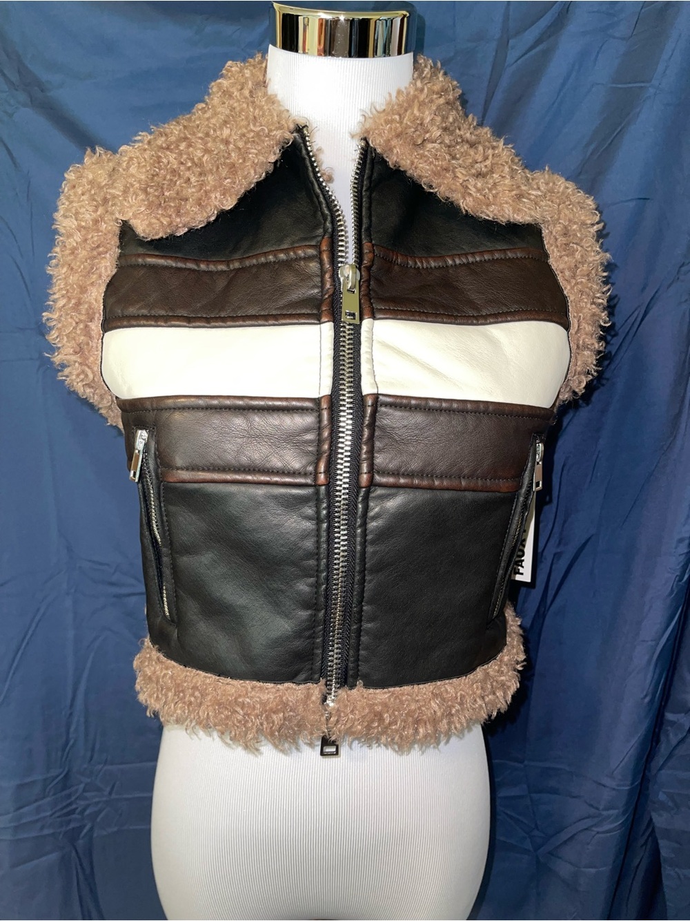 Cali 1850 LA Cropped Faux-Shearling Trim Leather Vest - Brown, Cream